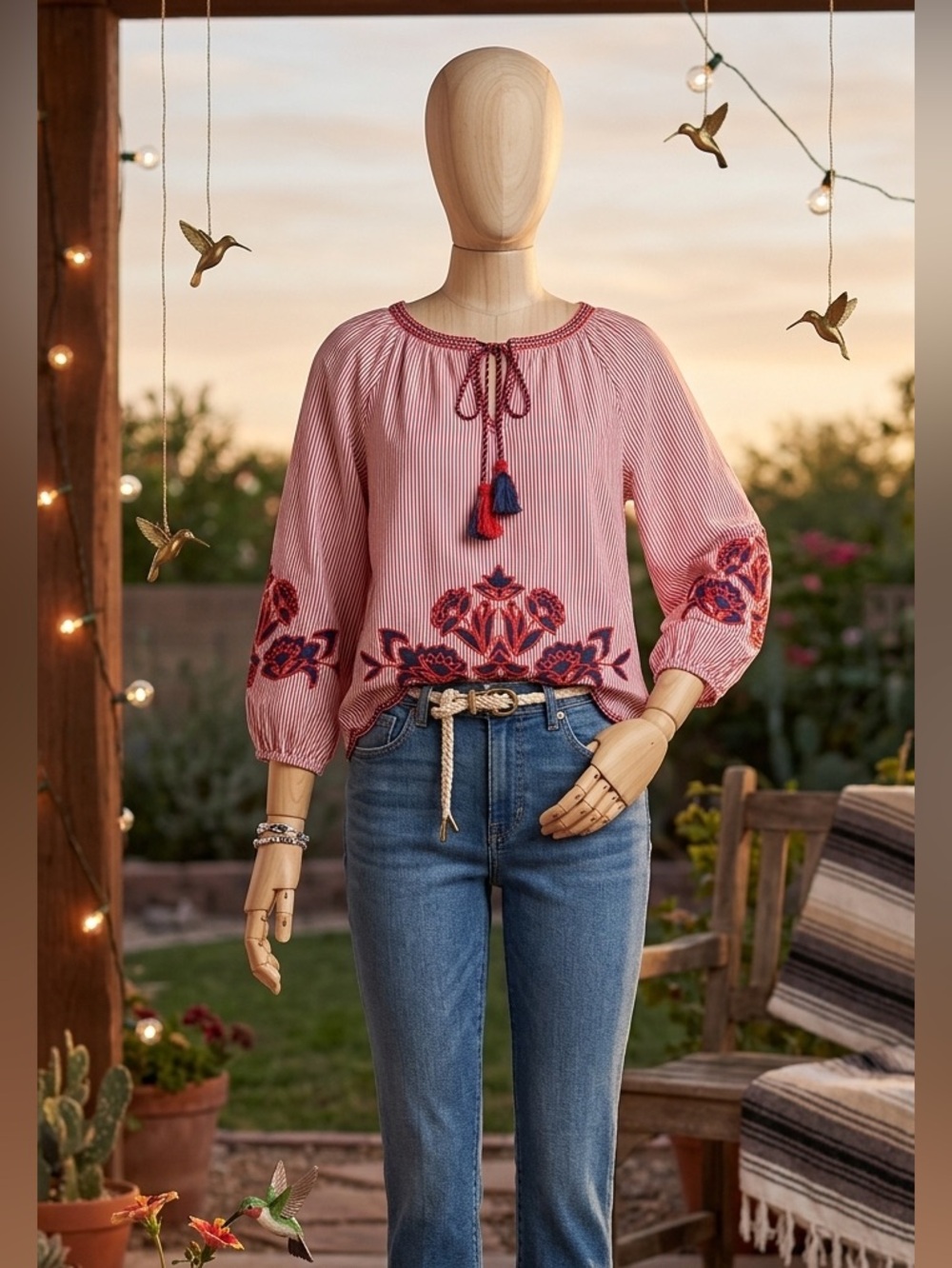 Solitaire Red and Navy Embroidered Peasant Top